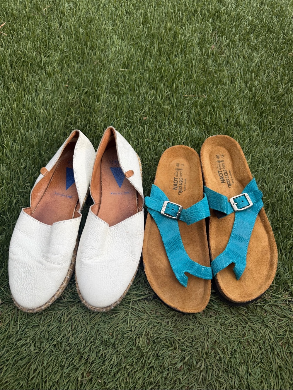 Naot teal suede buckle sandal with tan footbed set of two pairs.